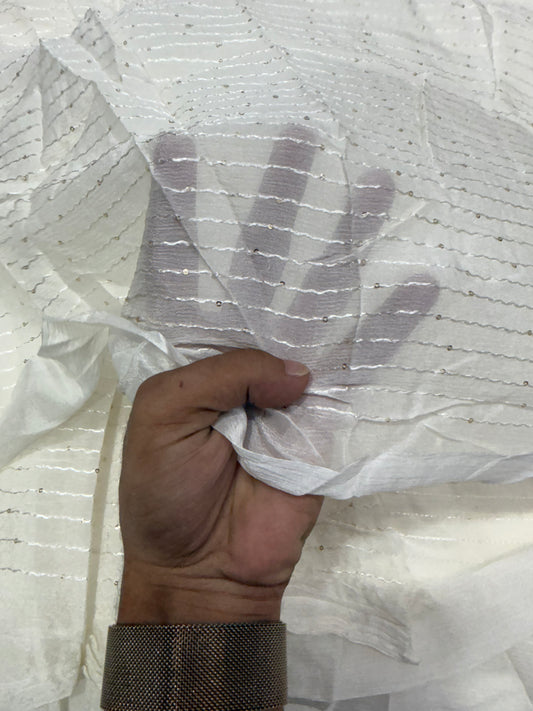 Buy Premium Viscose Chiffon White Wavy Stripe Sequin Fabric
