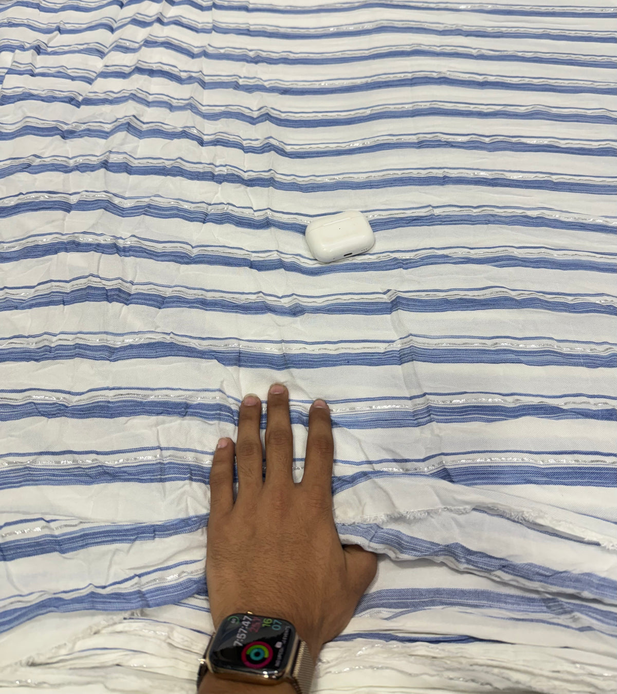 Buy Cotton Lurex White Blue Silver Stripe Fabric
