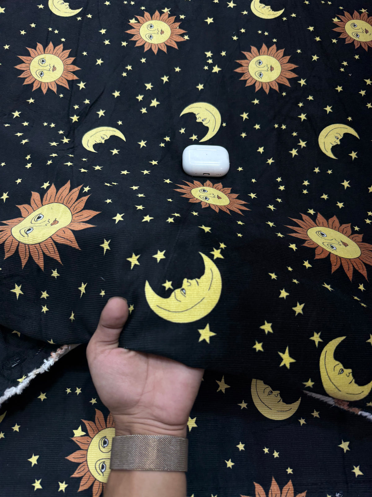 Buy Premium Corduroy Black Celestial Sun Moon Print Fabric