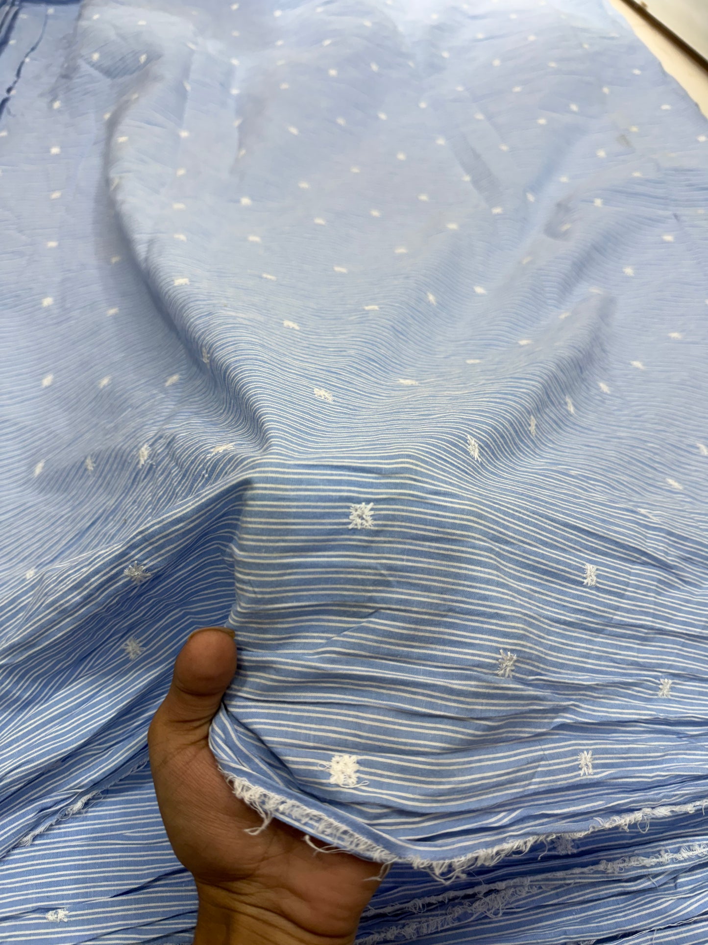Buy Premium Cotton Yarn-Dyed Blue Self Stripe Scattered Star Embroidery Fabric