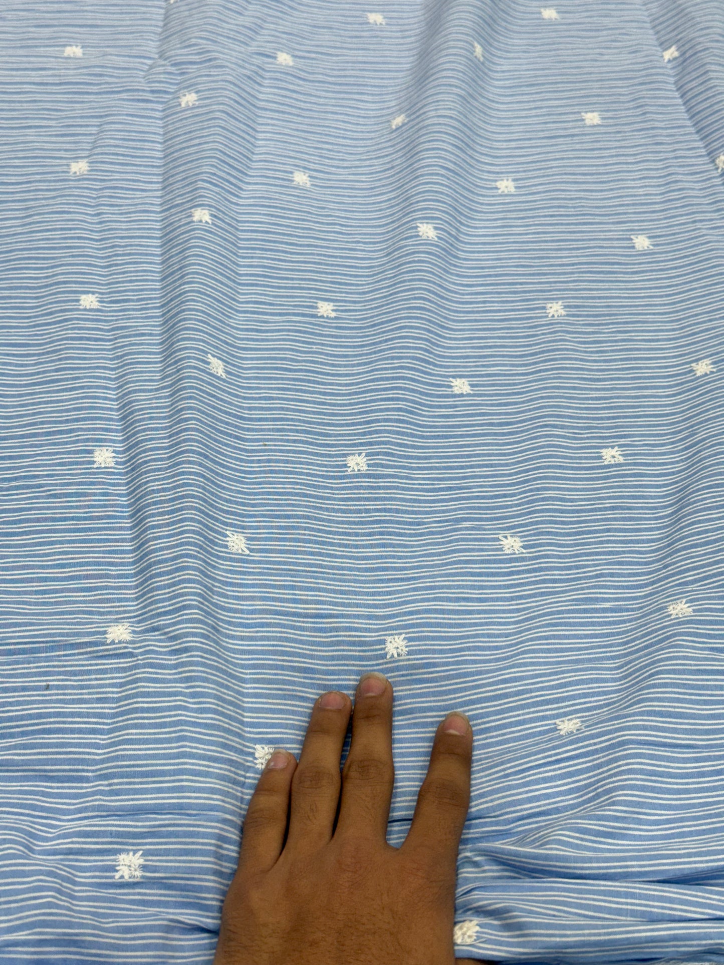 Buy Premium Cotton Yarn-Dyed Blue Self Stripe Scattered Star Embroidery Fabric