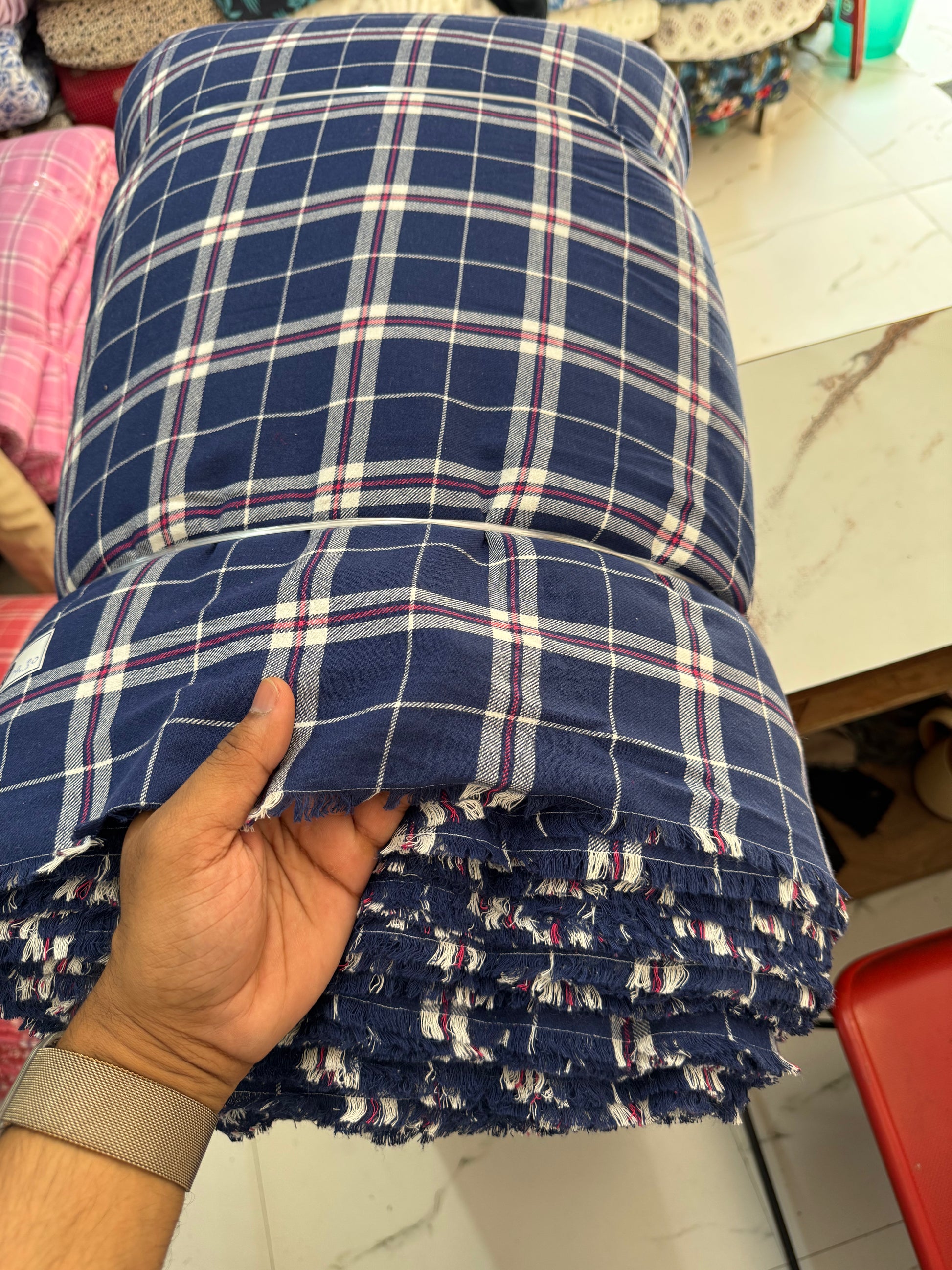 Buy Cotton Twill Blue Beige Check Fabric - MAF 