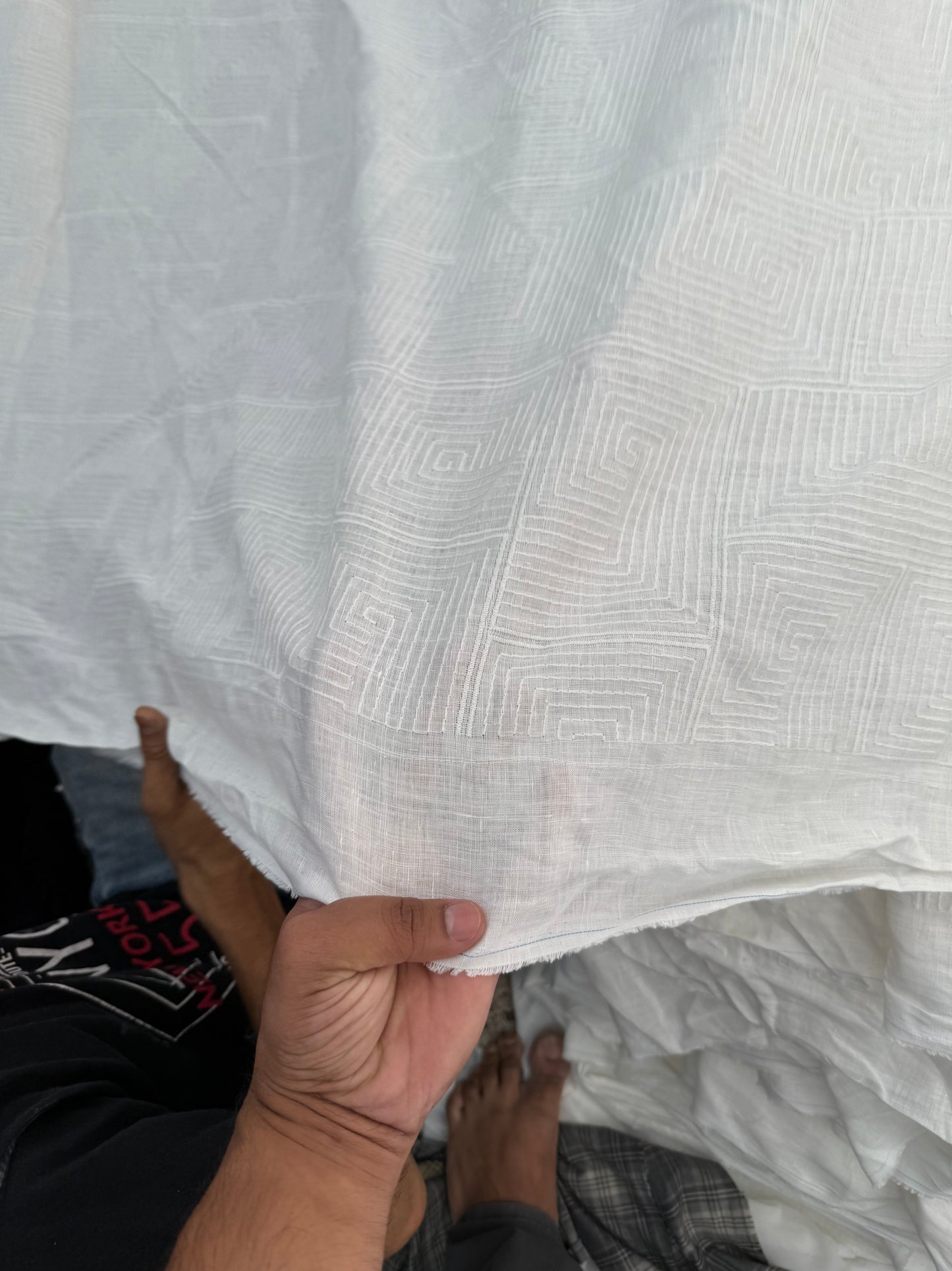 Buy pure linen white hand work embroidery fabric for kurta