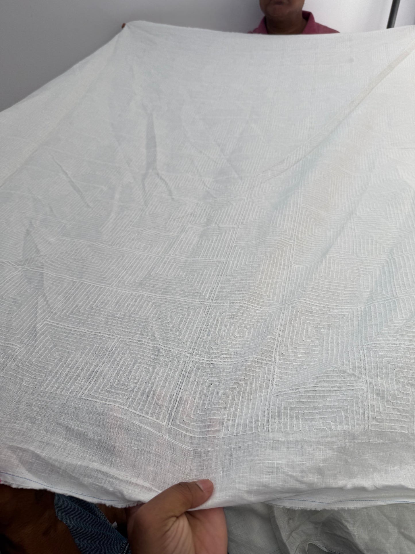 Buy pure linen white hand work embroidery fabric for kurta