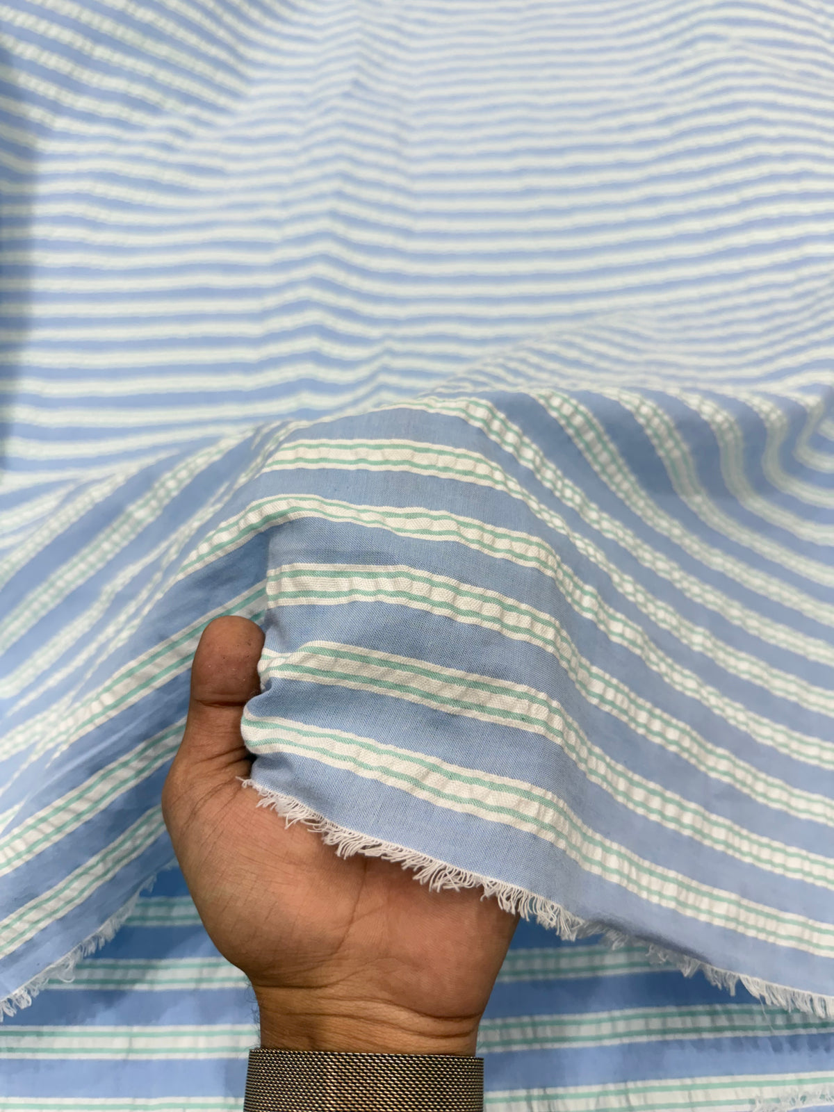 Buy Premium Seersucker Sky blue with textured white and green stripe Fabric