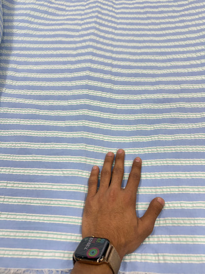 Buy Premium Seersucker Sky blue with textured white and green stripe Fabric