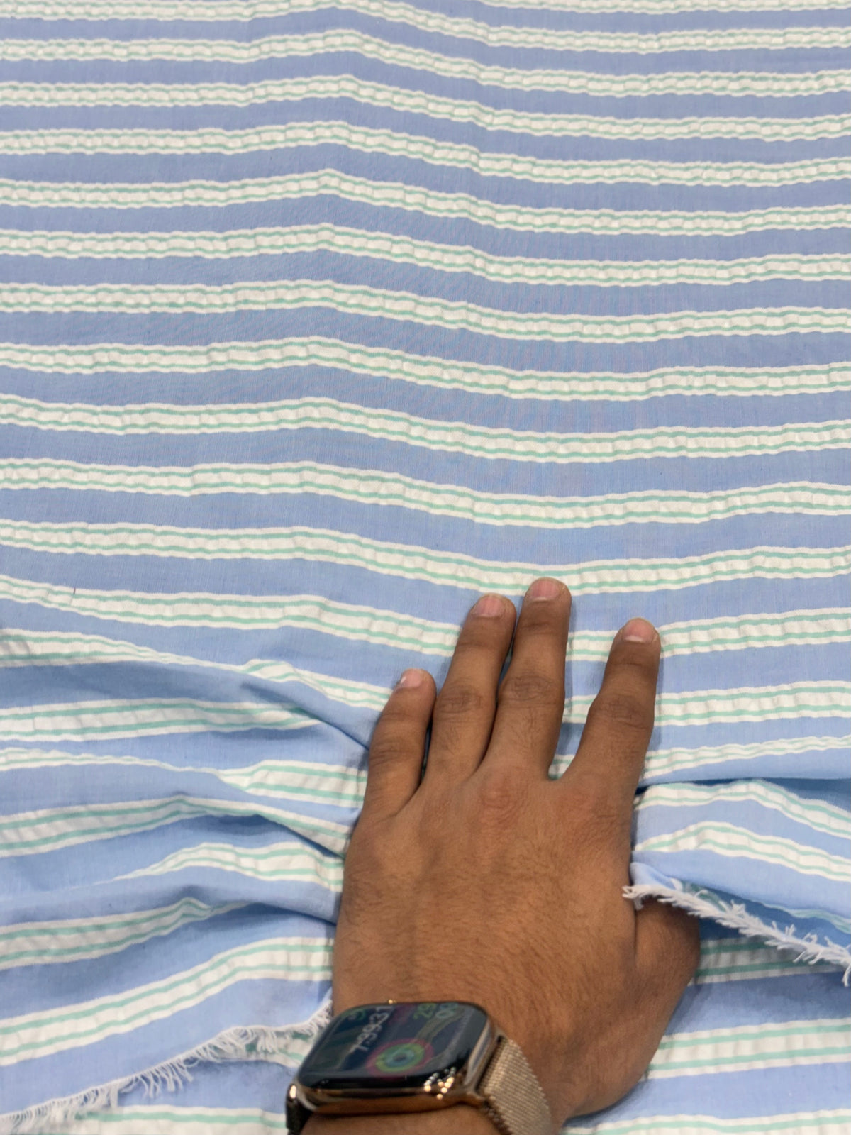 Buy Premium Seersucker Sky blue with textured white and green stripe Fabric