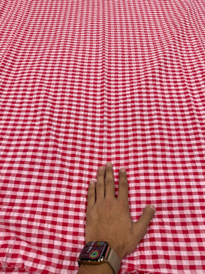 Buy Premium Seersucker Cherry Pink White Gingham Check Fabric