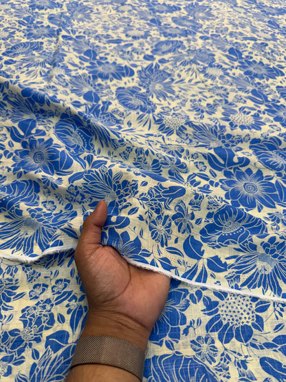 Buy Fine Premium Cotton Slub Botanical Blue Floral Printed
