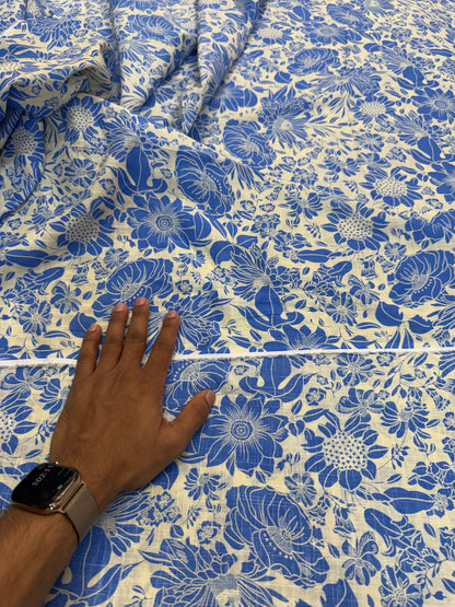 Buy Fine Premium Cotton Slub Botanical Blue Floral Printed