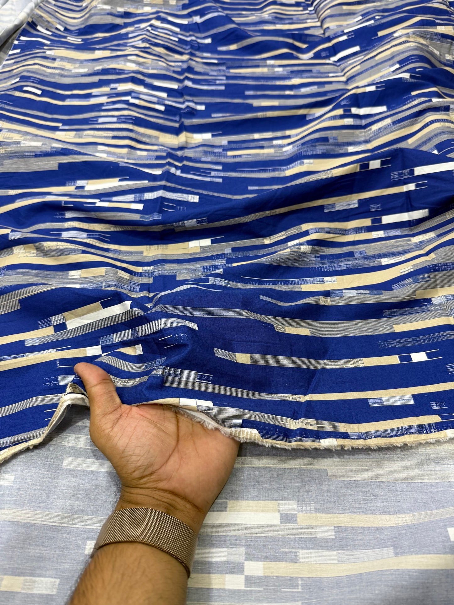 Buy Cotton Poplin Abstract Blue Geometrical Lines Printed Fabric