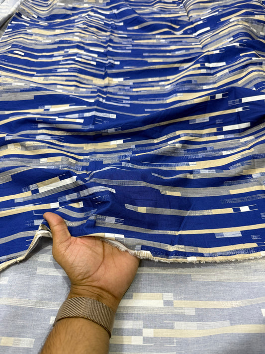 Buy Cotton Poplin Abstract Blue Geometrical Lines Printed Fabric