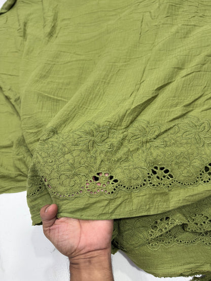Buy Premium Cotton Double Cloth Olive Eyelet Border