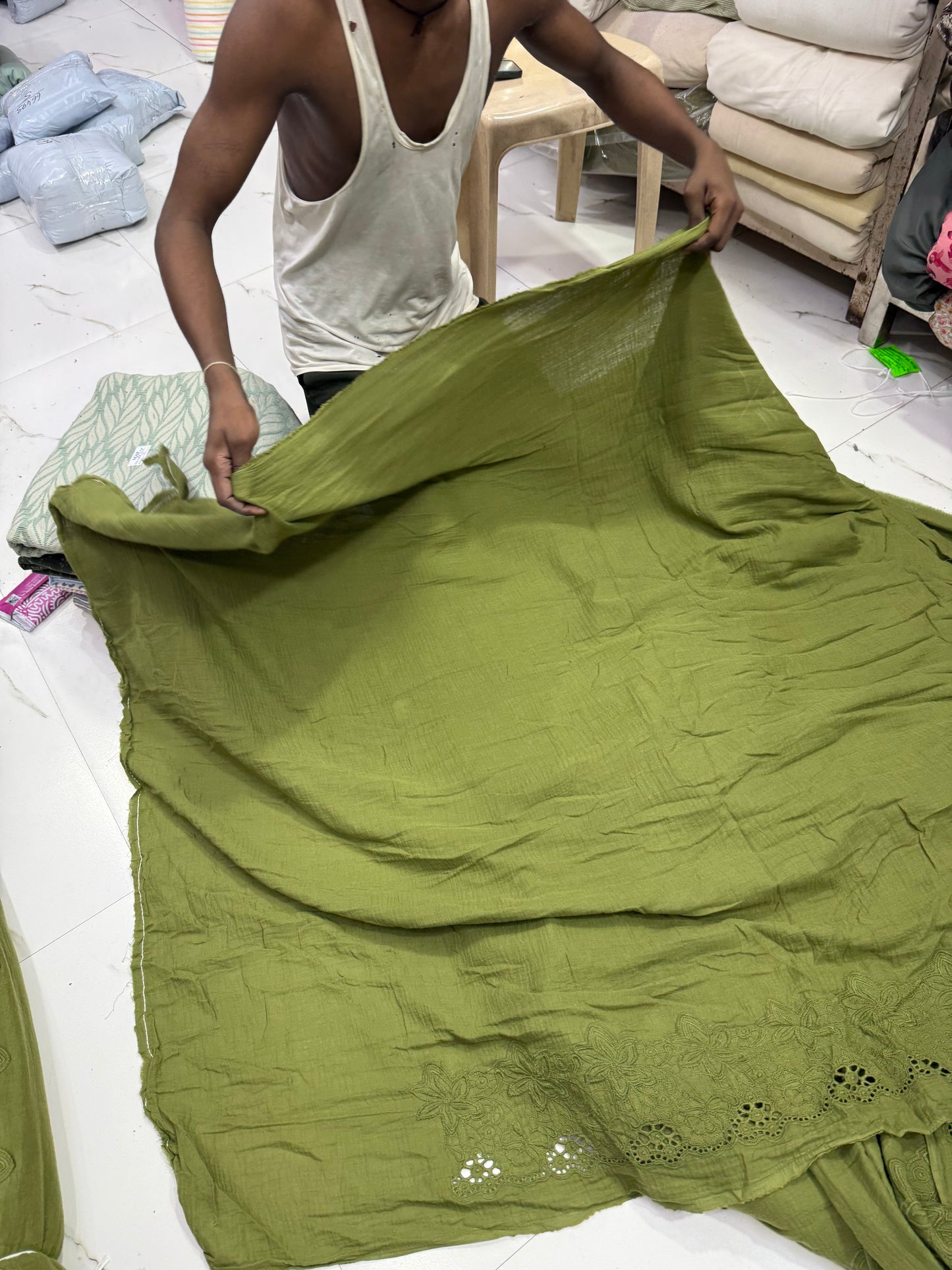 Buy Premium Cotton Double Cloth Olive Eyelet Border