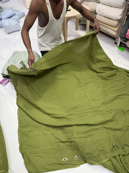 Buy Premium Cotton Double Cloth Olive Eyelet Border