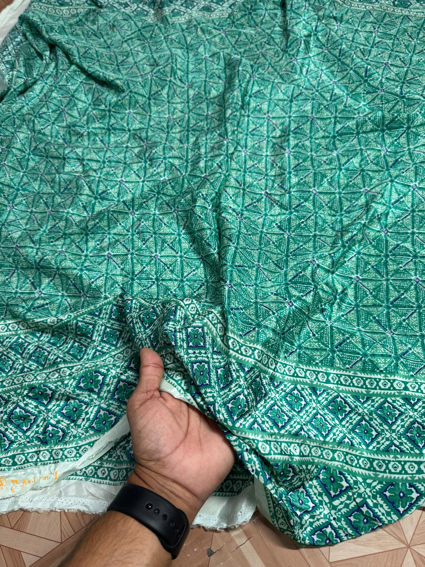 Buy Natural Silk Mint Bandhani Printed border Fabric - MAF 