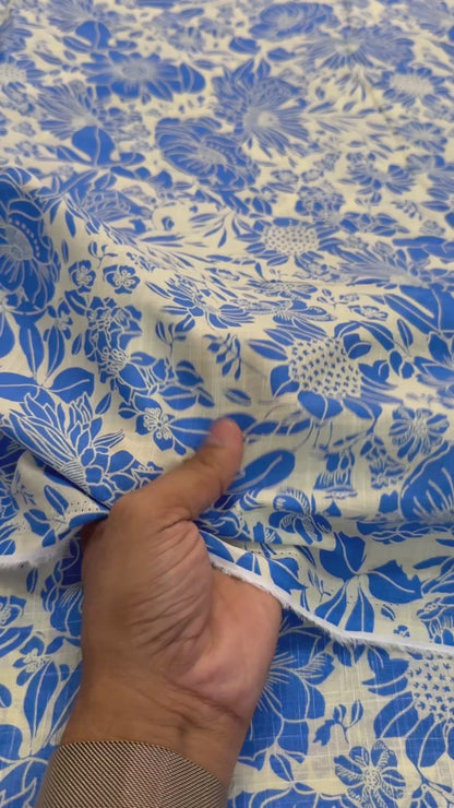 Buy Fine Premium Cotton Slub Botanical Blue Floral Printed