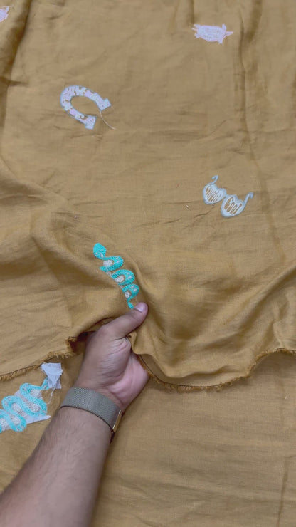 Buy Pure Linen Brown Patch Embroidery Fabric