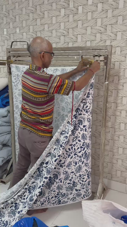 Buy Cotton Linen Indigo Jacobean Printed Fabric