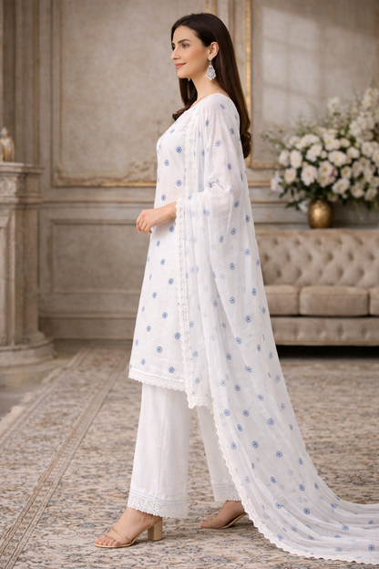 Buy Cotton Jacquard White Base Blue Butta Fabric