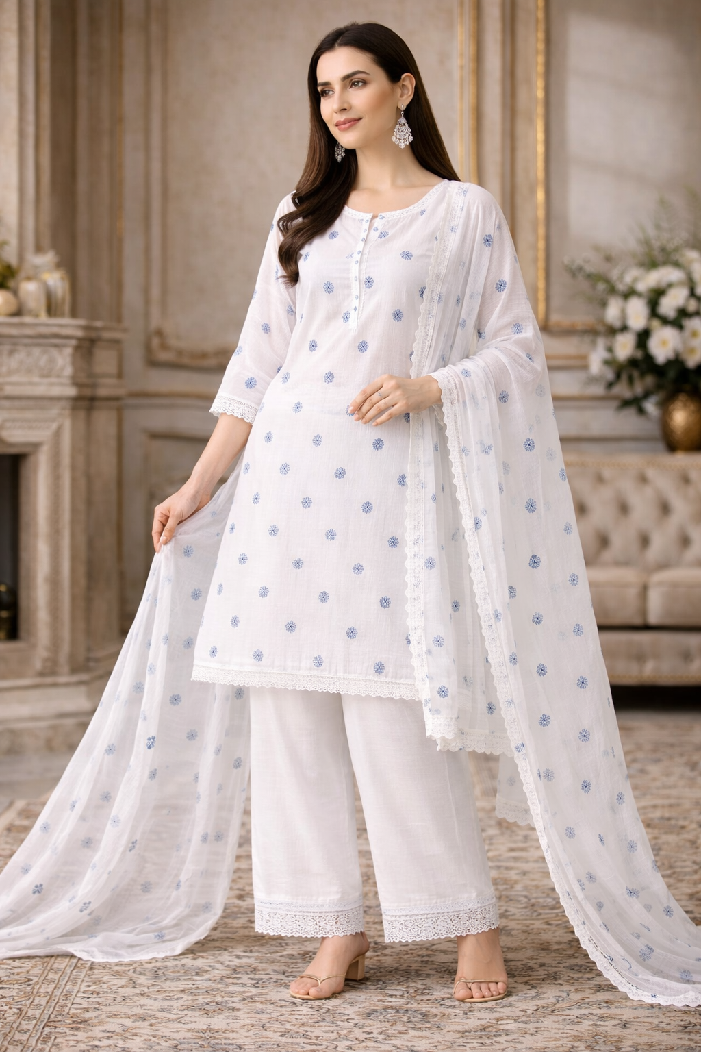 Buy Cotton Jacquard White Base Blue Butta Fabric